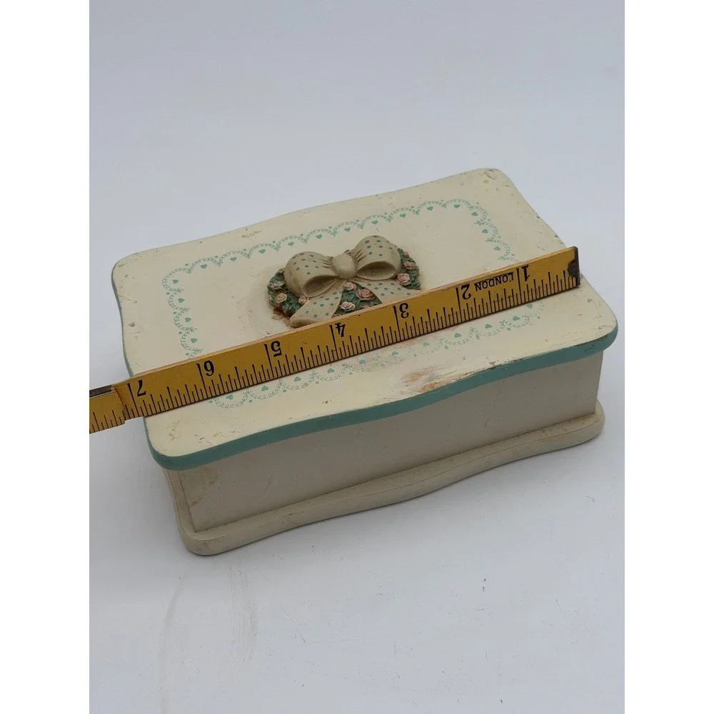 Vintage Shabby Chic Wooden Jewelry Box Cream Teal Floral Bow Heart Detail Taiwan